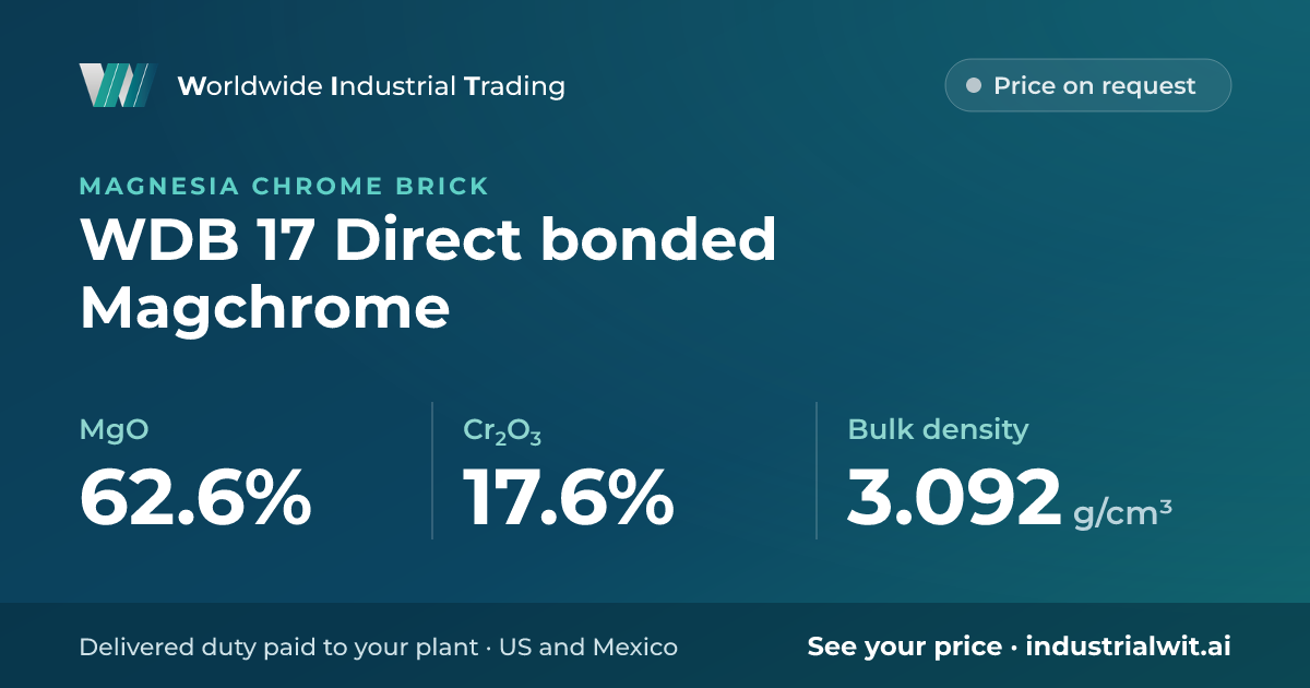 WDB 17 Direct bonded Magchrome: MgO 62.6% · Cr2O3 17.6% · Bulk density 3.092 g/cm³