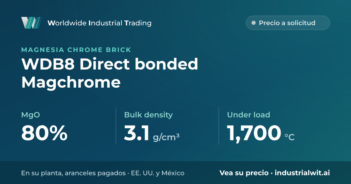 WDB8 Direct bonded Magchrome: MgO 80% · Bulk density 3.1 g/cm³ · Under load 1,700 °C