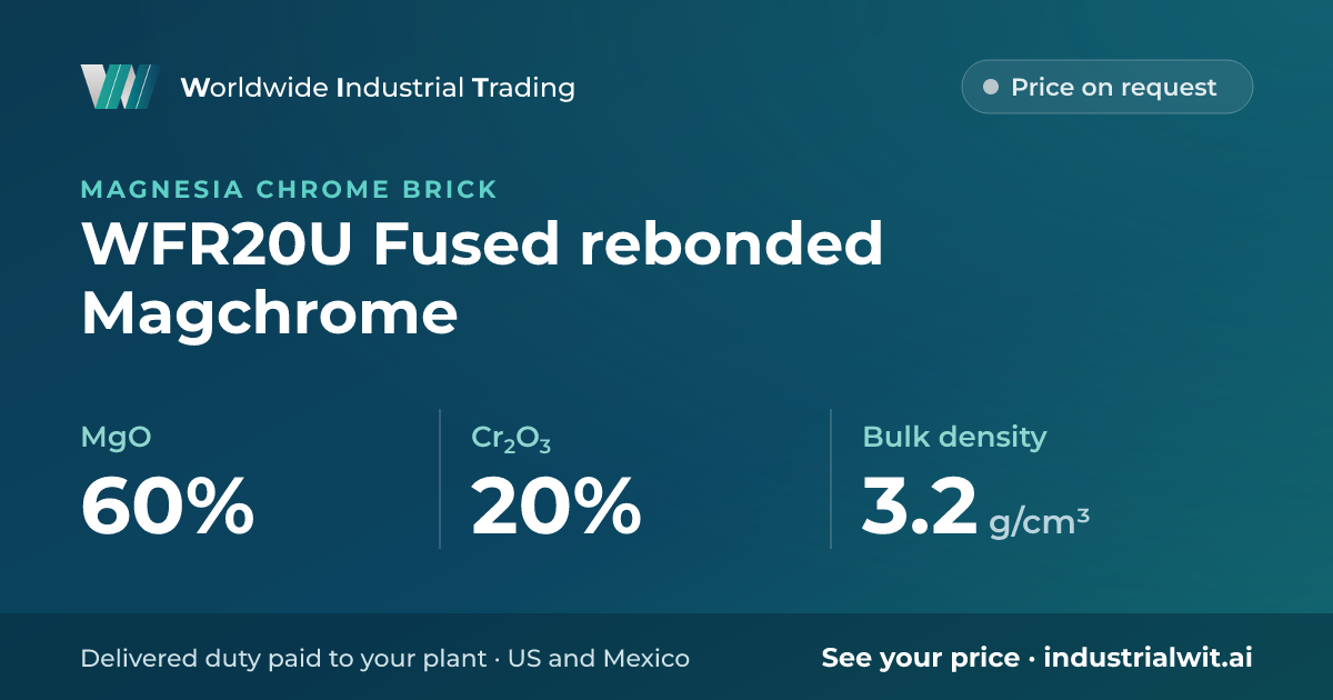 WFR20U Fused rebonded Magchrome: MgO 60% · Cr2O3 20% · Bulk density 3.2 g/cm³