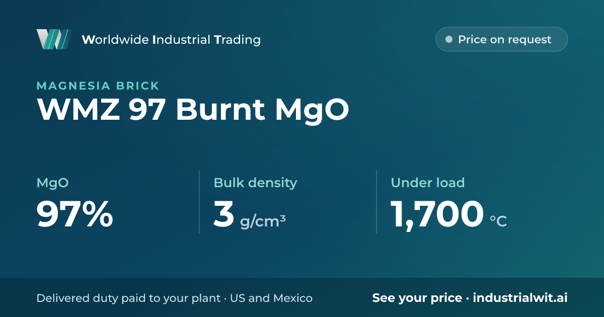 WMZ 97 Burnt MgO: MgO 97% · Bulk density 3 g/cm³ · Under load 1,700 °C