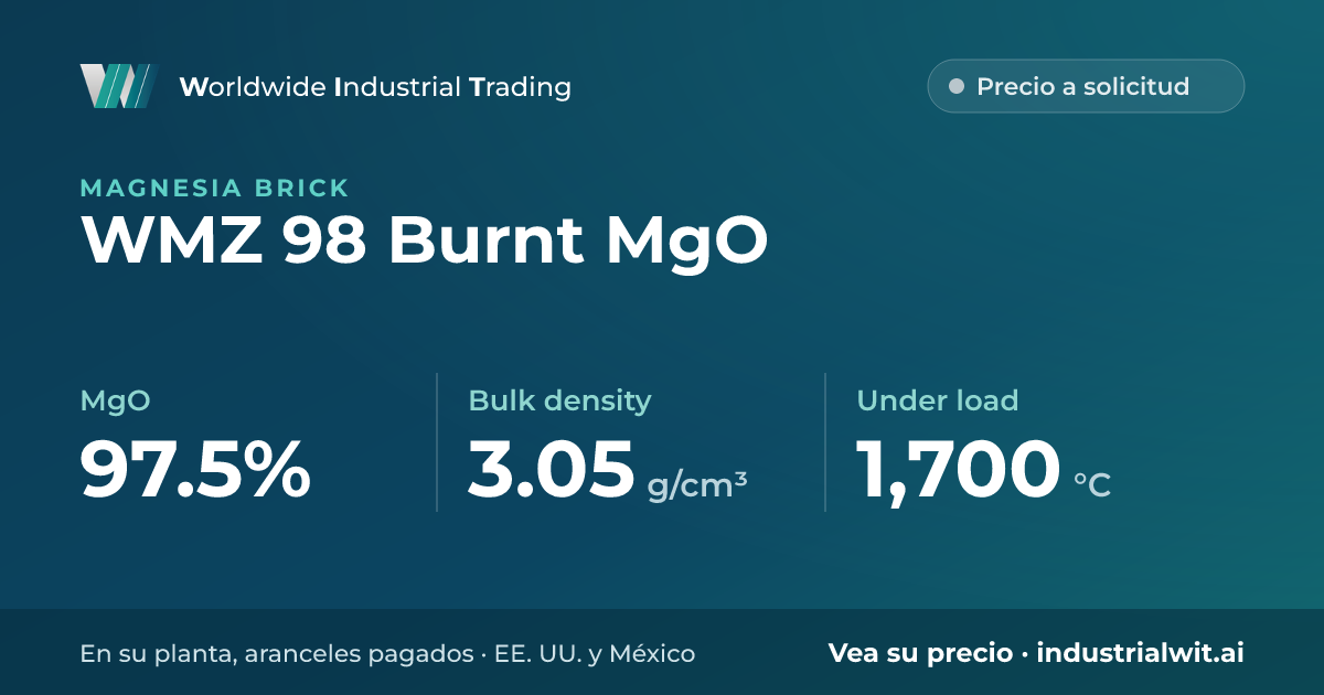 WMZ 98 Burnt MgO: MgO 97.5% · Bulk density 3.05 g/cm³ · Under load 1,700 °C
