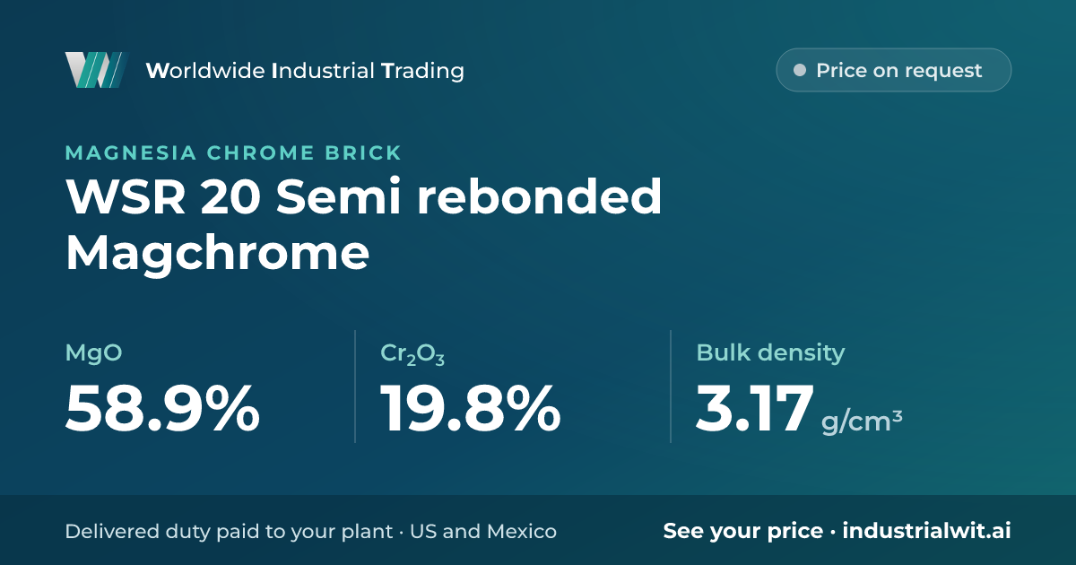 WSR 20 Semi rebonded Magchrome: MgO 58.9% · Cr2O3 19.8% · Bulk density 3.17 g/cm³