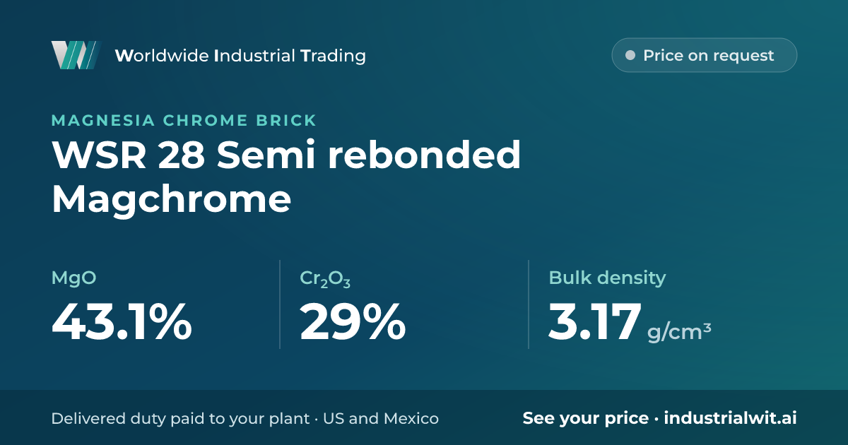 WSR 28 Semi rebonded Magchrome: MgO 43.1% · Cr2O3 29% · Bulk density 3.17 g/cm³